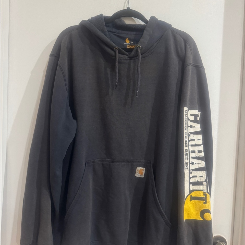 Carhartt Men's Black Hooded Sweatshirt with Sleeve Logo Sz XL